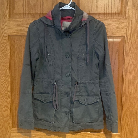 Aeropostale spring hooded jacket coat XS khaki green with pink plaid lining EUC - Picture 1 of 5
